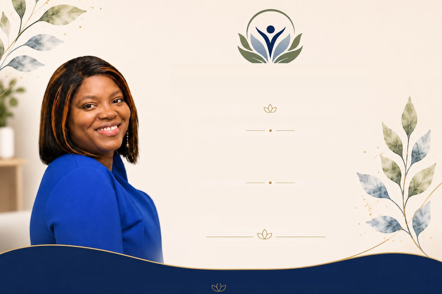 Portrait of Rosina T. Amfo-Adu beside the Harmony Haven Therapy lotus emblem, framed by watercolour foliage.